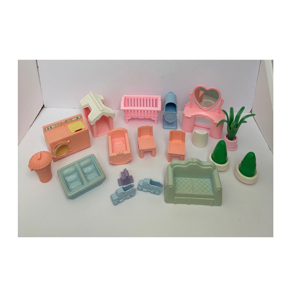 Playskool Vintage Dollhouse Furniture Lot Vanity Table Laundry Sofa Crib *Read